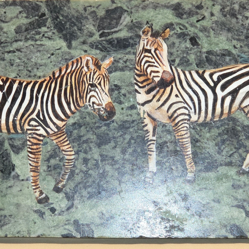 Hand Painted Zebra Stone Art Plaque Signed Trumi Serpentine Marble Safari 12" - Picture 4 of 7
